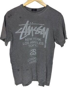 Stüssy World Tour Tee Gray Graphic Logo Tee men’s medium worn washed